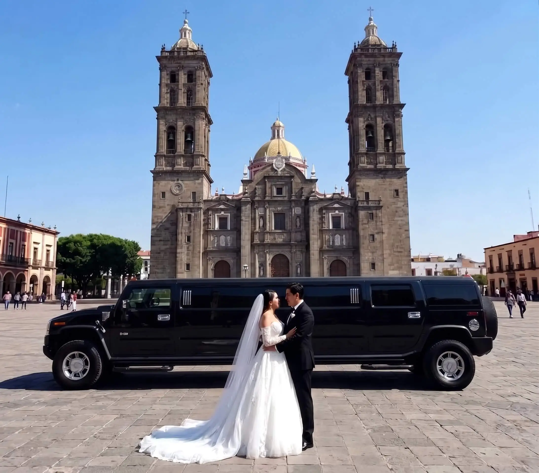 Pareja de recien casados en un recorrido en limosina afuera de la Catedral de Nuestra Señora de la Inmaculada Concepción de Puebla