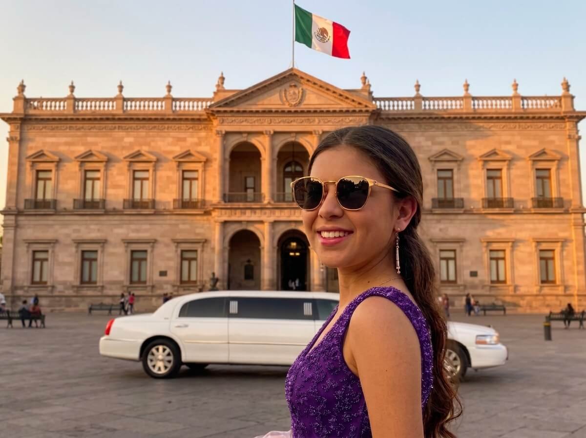 Quinceañera en una servicio de limosina visitando el palacio de gobierno de Chihuahua