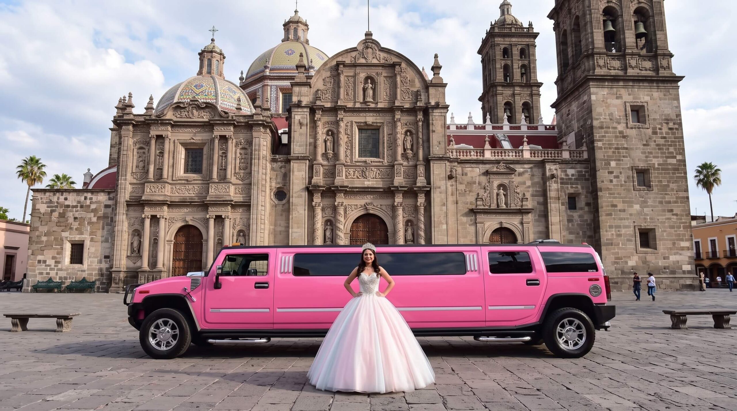 Quinceañera con una limusina hummer rosa frente a la Capilla del Rosario, Templo de Santo Domingo