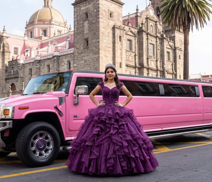 Quinceañera en un servicio de limusina frente a la Capilla del Rosario, Templo de Santo Domingo